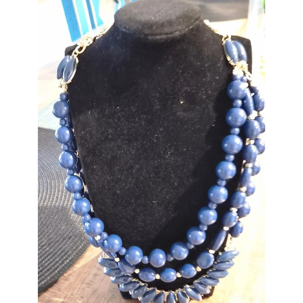 Cobalt Blue Triple Strand Bead Statement Bib Necklace Gold Tone
